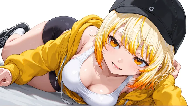  1 girl, ( Masterpiece), ( high definition model), (Soft hair:1.7),  very detailed,  anatomically correct,  sling, ( blonde and orange gradation color hair:1.5), Long bob cut hair, ( medium breasts:1.3), [Thick thighs:0.8], fuzzy black and yellow hoodie, (...