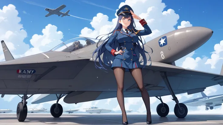 Big Breasts、 Height、Leg length、 and the body is thin 、The legs are slender 、 navy colored military uniform、 Dark Blue Army Uniform、The dark blue military hat 、 DARK BLUE HAIR 、 Navy Pointed Eyes 、 long navy hair、 and the body is thin 、Leg length、Background...