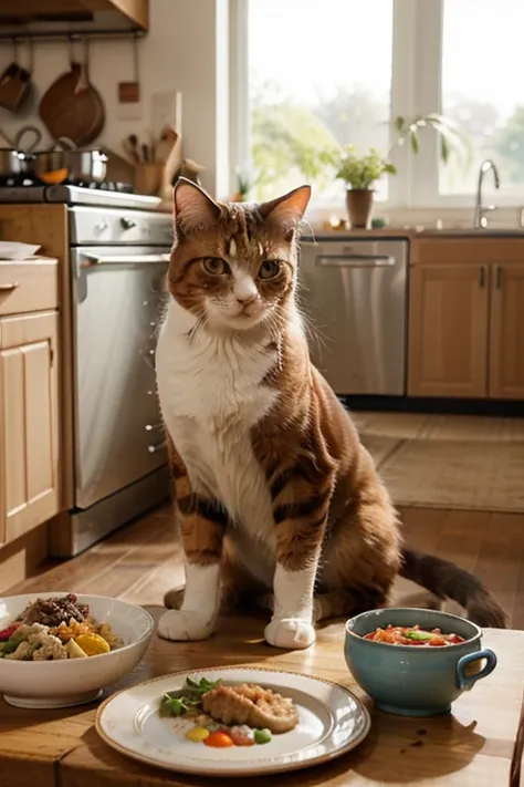 Image of a shaggy orange cat sitting on a wooden chair in front of a dining table. The cat was holding a piece of meat with both paws and biting it. The cat's facial expression looks satisfied and enjoying its food. On the table were bowls of soup and plat...