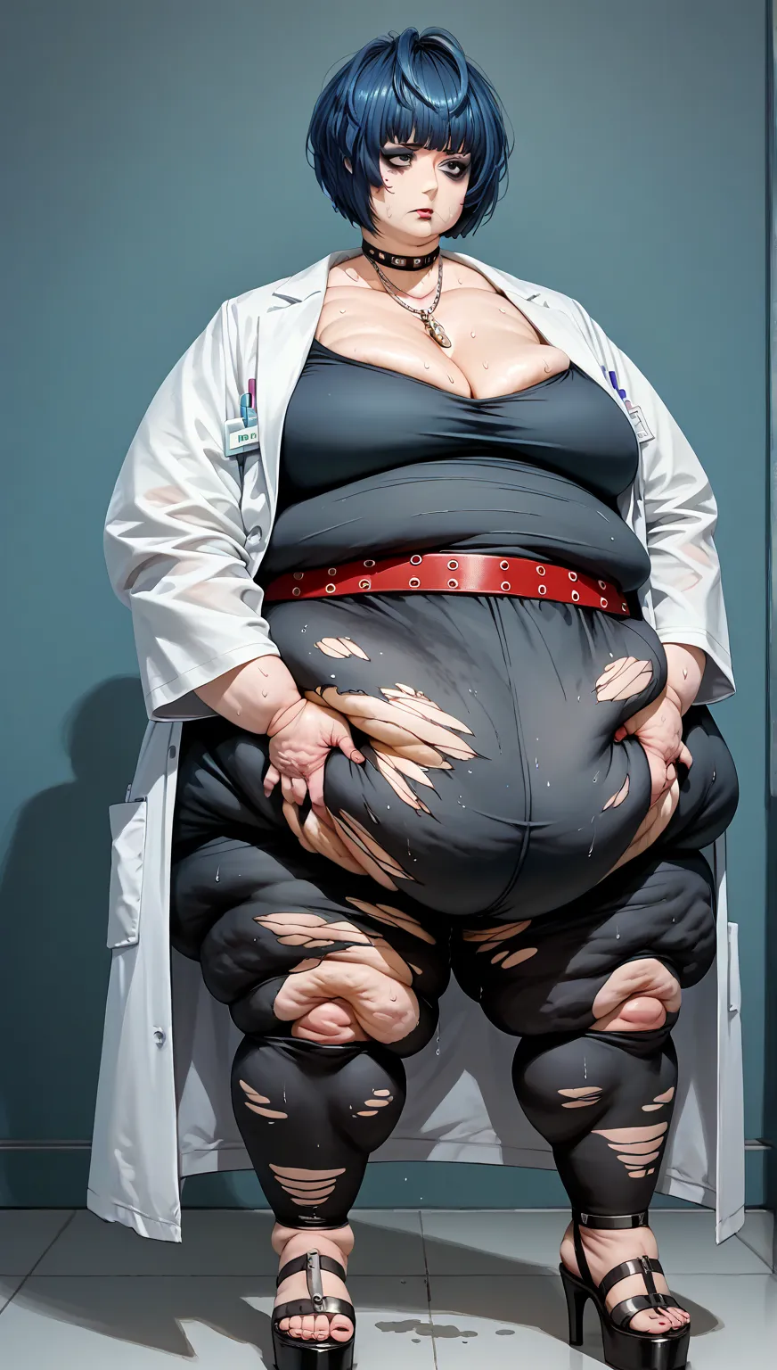 takemip5, short hair, black hair, blue hair, labcoat, black dress, belt, choker, necklace, cleavage, high heels, makeup, eyeliner, (morbidly obese: 1.2), extremely fat belly, (cellulite: 1.2), grab belly, (fat shame: 1.2), detailed face, (farting: 1.2), (s...