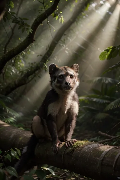 A cinematic scene of a monkey and a civet locked in an intense stare-down deep within the dense rainforest. Mist rises from the damp forest floor, and beams of sunlight pierce through the thick canopy, casting dramatic shadows over the two animals. The mon...