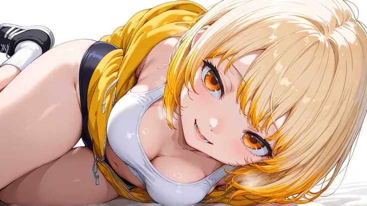  1 girl, ( Masterpiece), ( high definition model), (Soft hair:1.7),  very detailed,  anatomically correct,  sling, ( blonde and orange gradation color hair:1.5), Long bob cut hair, ( medium breasts:1.3), [Thick thighs:0.8], fuzzy black and yellow hoodie, (...