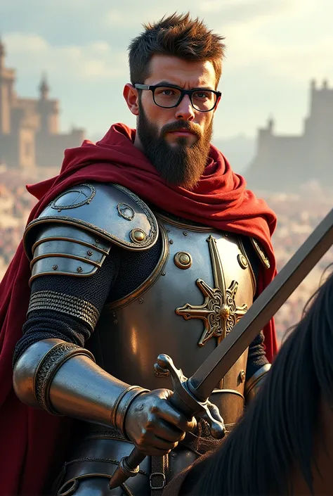 A highly detailed and ultra-realistic digital painting of a mighty and youthful warrior knight with glasses, riding a powerful horse. He has an intense, determined expression, with a long, thick, and well-groomed beard, while his mustache is extremely shor...