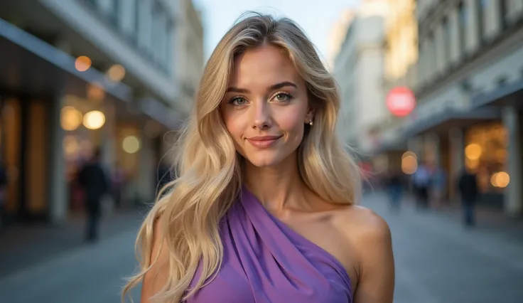 Beautiful blonde girl of Russian appearance close up in a charming purple dress 27 years old, beautiful modern street in the background
