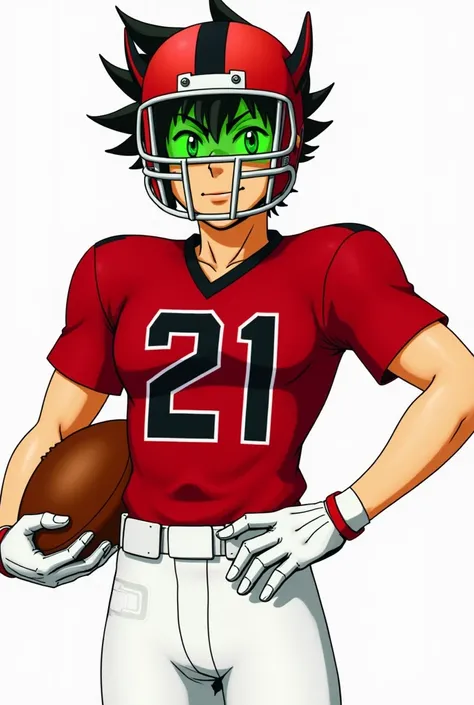 Sena Kobayakawa Hair Brown his hair also seems to be naturally spiky and sweeping up and to the left, judging, Helmet demon wings Red Eyeshield Green, Black Jersey Football Red Number 21 And Pants White With Football Ball in Hand eyeshield 21 