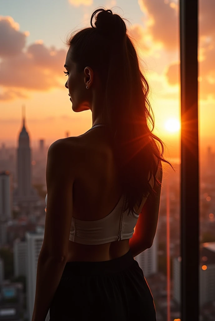 

[Cena 1:  Introduction — Powerful Routine ]

📍 Environment:  Modern apartment with panoramic view at dawn.

🖌️ Prompt:
"A determined CEO ,  with tied hair and workout clothes ,  turn off the alarm at 5 in the morning .  The city is still asleep ,  but sh...