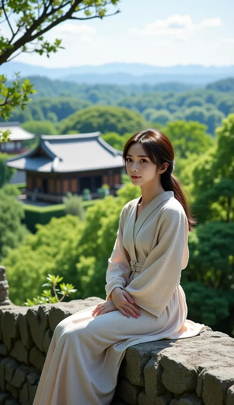 Portrait of a young beautiful Japanese woman sits gracefully on a stone wall of a historic castle,with a gentle smile. Behind her, the lush beauty of nature unfolds—towering green trees, a clear blue sky, and a serene landscape. In the distance, traditiona...