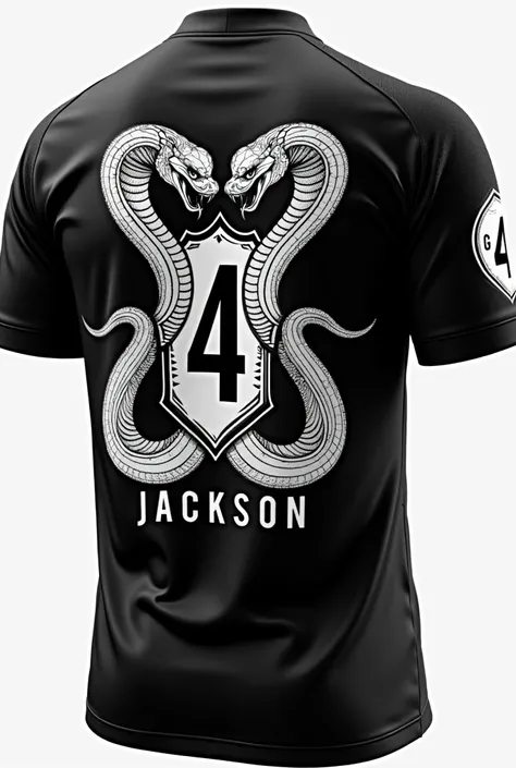  Shirt Design - Giant snake with an open mouth 

Color of the soccer jersey :  black
Print Color :  White with black details

Design Details :

back:  Illustration of a two-headed snake in white ,  with black accent details and a number 4 .

chest:  "3-G "...