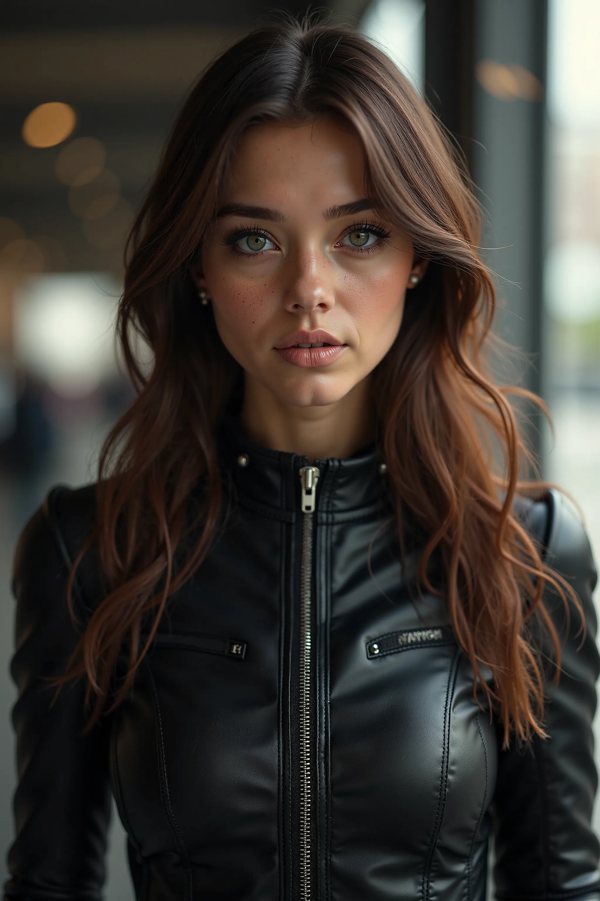  A beautiful young woman of 18 years with long brown hair,  165 cm tall , wearing stylish motorcyclist clothing ,   highly detailed facial features  , hyperrealistisches,  kinematic lighting ,  complex structures , dramatic pose,   atmospheric ,  bright co...