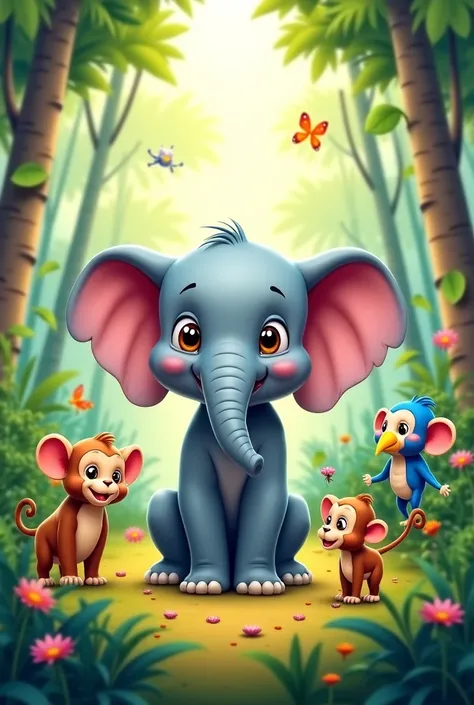 Make an cute cartoon elephant with his friends playing with him in the jungle 