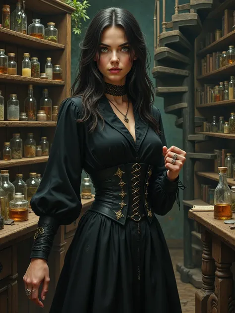  illustration, A 30-year-old woman, model face,  green eyes, long straight and loose hair,  slim body, sculptural physicist. Dark academy style clothing dark colors, Gothic corset-style belt, several esoteric style rings on the hands. With a powerful and r...