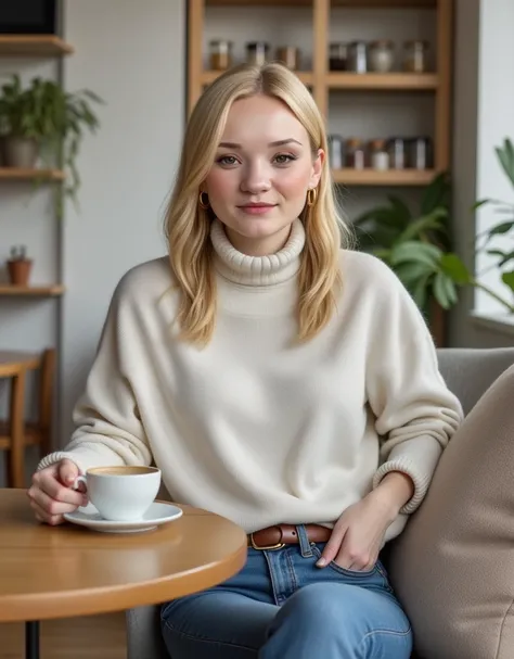 A natural and candid photograph of a beautiful blonde woman with soft facial features and styled loose waves. She is wearing an oversized white sweater with a high neck, skinny jeans, and beige suede ankle boots. Her look is completed with minimalist gold ...