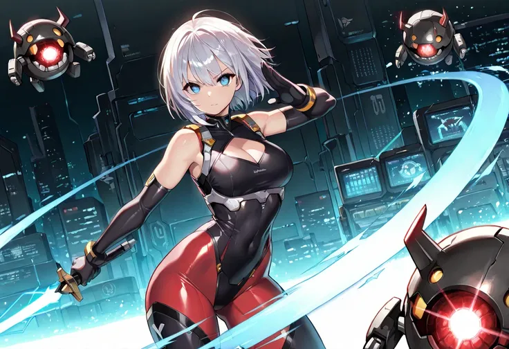 ((masterpiece, best quality, ultra detailed, high resolution, beautiful detailed face, beautiful detailed eyes, perfect hands)), (1 girl, solo), (body suit, sleeveless, cleavage cutout, highleg), standing, fighting stance, holding the laserblade, glowing b...