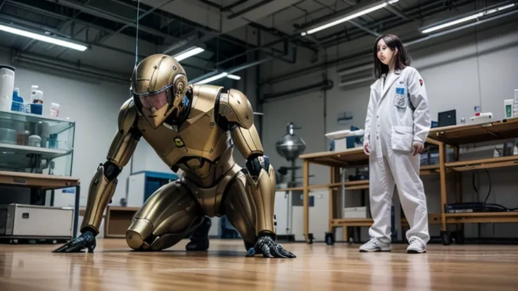 Hã um Busto de um robô sobre a mesa do laboratório de pesquisa, The scene shows Brazilian scientists in a laboratory ,  There is a scientist standing manipulating a notebook , Another scientist is crouching down checking the foot of the humanoid robot that...