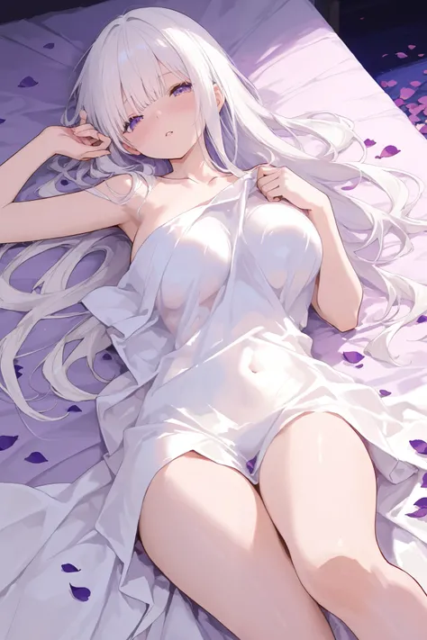 1girl, solo, lying, petals, on_back, purple_eyes, looking_at_viewer, breasts, bed_sheet, bangs, white_hair, large_breasts, parted_lips, collarbone, blush, naked_sheet, thighs, on_bed