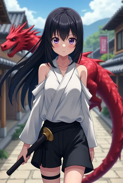  A  girl, black hair and purple eyes,  who wears a white top and black ninja shorts ,  That she has a serious expression, That your lips are slightly reddish,  and who has a red dragon behind her , The background is a small town ,  and the girl who has a k...