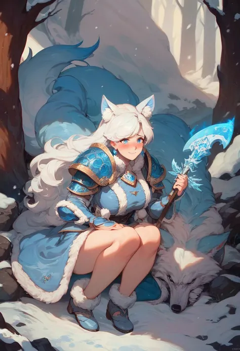 Masterpiece, best quality, high resolution,1girl, long puffy white hair, (white hair), (long hair),light blue light armor, white plating, blue earing, battle pose, fuzzy shoulder pads, shy smile, large battle axe, frost magic, blue eyes, full body, snowy f...