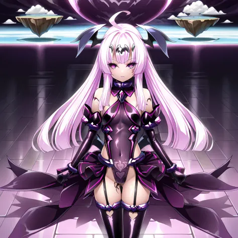  dark form ,  1 girl, chest, Alone,  leotard, midnight on a floating island,  long hair,  thigh high socks,  dark persona, chest元,  purple eyes,  tattoo, corruption,  covers the upper part of the stomach,  gloves for legs only,  wear cutout , ( masterpiece...