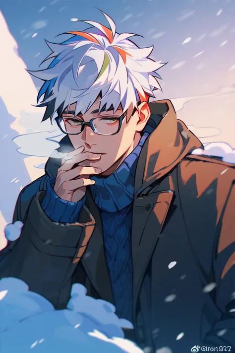 1boy, male focus, male,  many color hair, short hair,  solo, glasses, sweater, coat, winter, cold, smoking, smoke, lonely, snow,