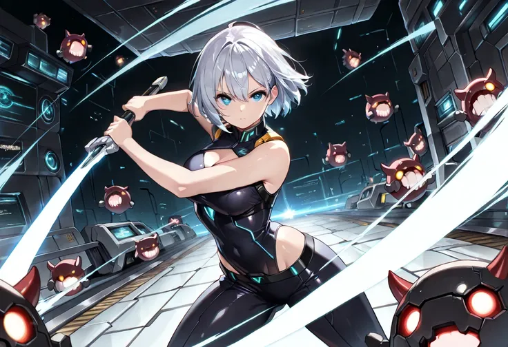 ((masterpiece, best quality, ultra detailed, high resolution, beautiful detailed face, beautiful detailed eyes, perfect hands)), (1 girl, solo), (body suit, sleeveless, cleavage cutout, highleg), standing, fighting stance, holding the laserblade, glowing b...