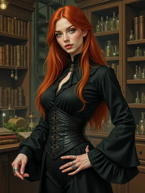  illustration, A 30-year-old woman, model face,  green eyes, Redhead with long straight and loose hair,  slim body, sculptural physicist. Modern victorian Dark academy style clothing dark colors, victorian Bell sleeve shirt, Gothic corset-style belt, sever...