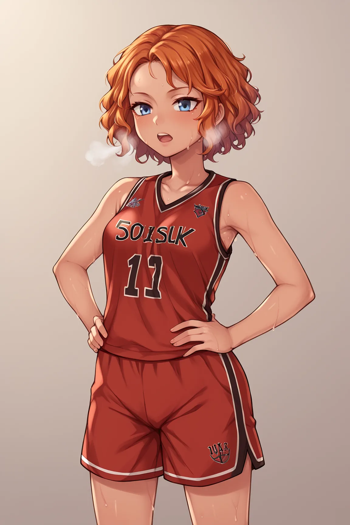 score_9,score_8_up,score_7_up BREAK melissaSDXL,1girl,blue eyes,short hair,orange hair,,curly hair,cowboy shot, gym background, basketball uniform, jersery, sportswear, jersey, shorts, sleeveless, hands on hips, red tanktop, jersey, red gym shorts, out of ...