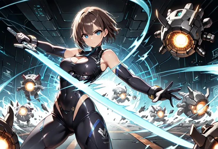 ((masterpiece, best quality, ultra detailed, high resolution, beautiful detailed face, beautiful detailed eyes, perfect hands)), (1 girl, solo), (body suit, sleeveless, cleavage cutout, highleg), standing, fighting stance, holding the laserblade, glowing b...