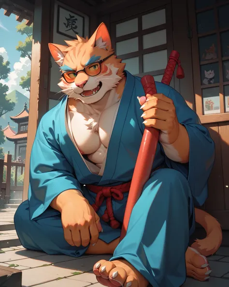 masterpiece, best quality, ultra detailed, male, cat, plump, japanese clothing, furry