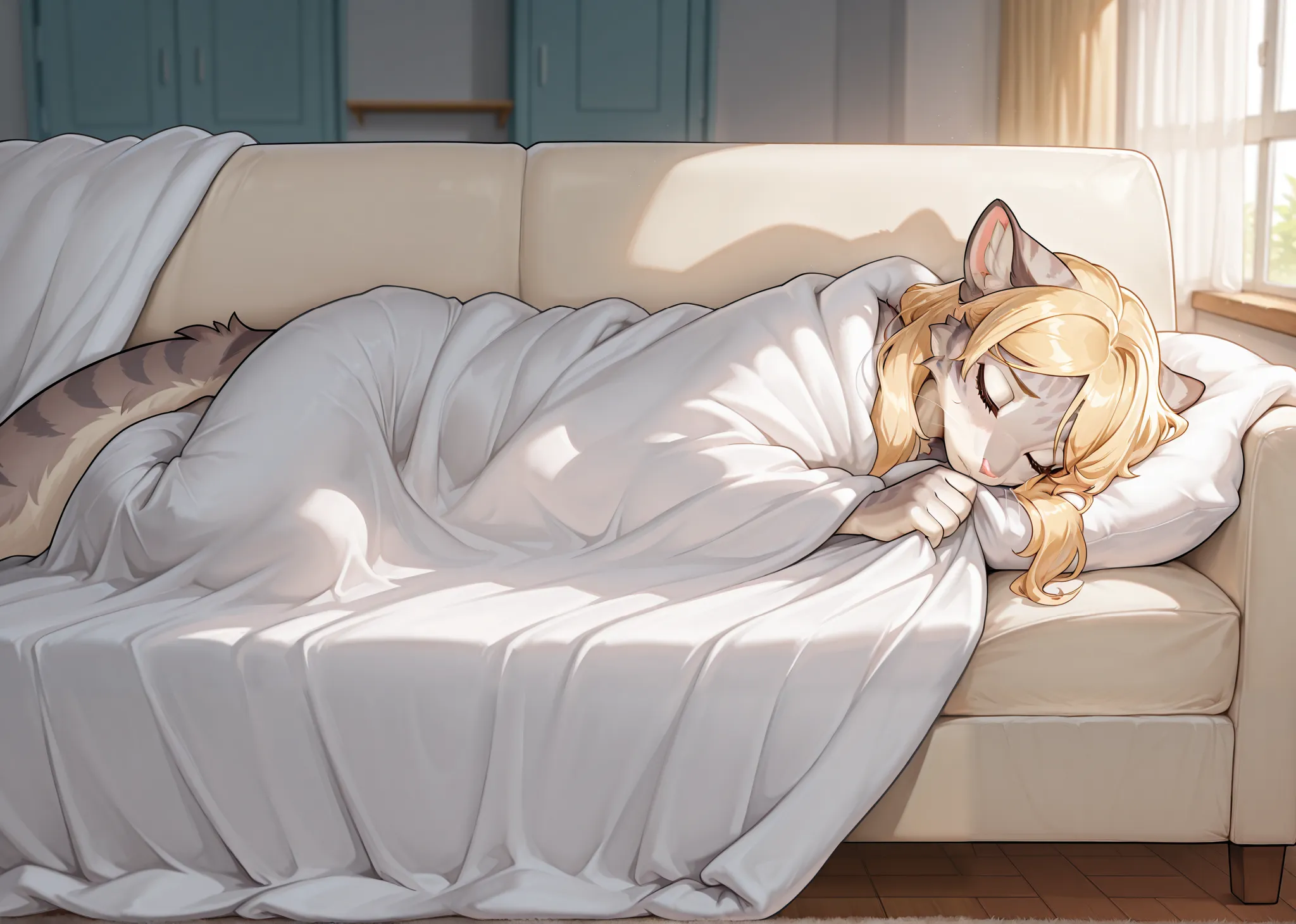 Masterpiece, best quality, absurd res, anthro, katXL, countershading, adult female,  Anthro furry feline, closed eyes, grey striped fur, sad, cheek fluff, blonde hair, long blonde hair, side locks, parted bangs, bangs resting on one side of face, pink nose...