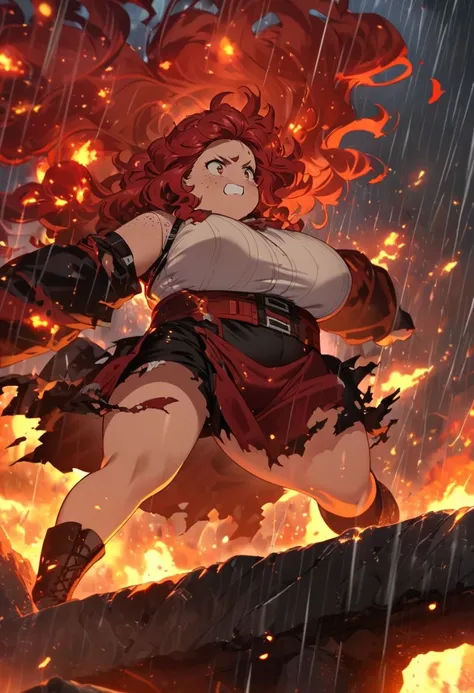 Chubby Basque girl freckled deep red wavy hair ,  in the middle of a rainstorm and meteors with fire,  with torn and torn clothes fighting a double on the edge of a precipice
 






