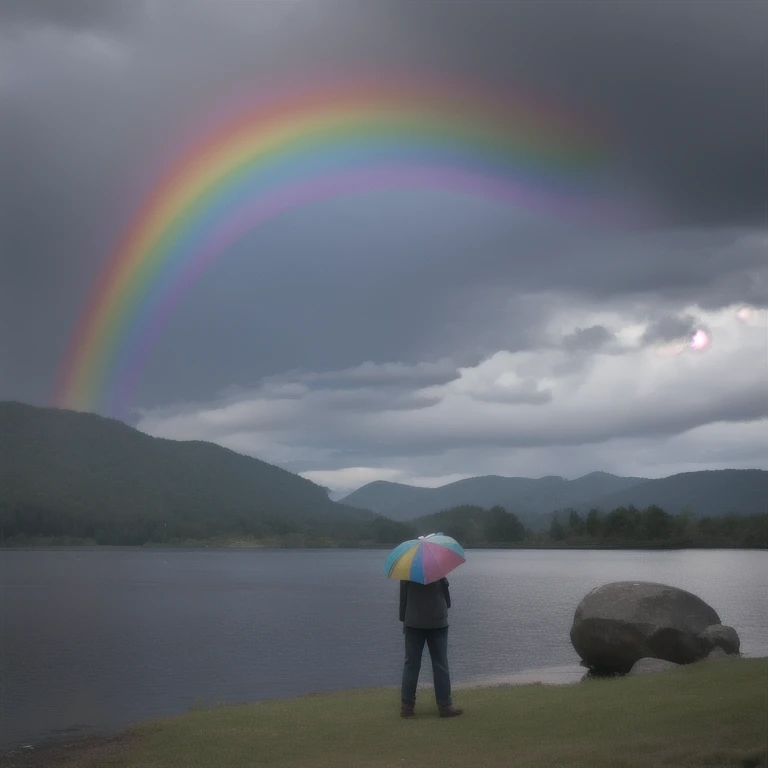 It starts to rain and a rainbow comes out