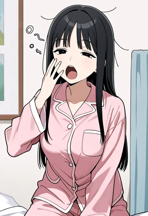 1 female,  cute, woman in her 20s, Long pajamas ,  big breasted, yawning, Sleepy,
 Black Hair,  black eyes,  bangs, straight hair ,  일자  bangs,  straight hair , 