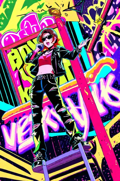 Anime-style illustration of a punk rock singer, inspired by 'Nana' anime. Short asymmetrical brown hair with gold streaks, smokey makeup, dark sunglasses, wearing a spiked leather jacket, fishnet sleeves, and ripped jeans. She's holding a vintage microphon...