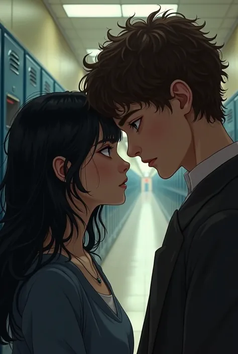 A 17-year-old girl with black hair and blue eyes and an 18-year-old boy with curly brown hair and brown eyes who pretend to hate each other