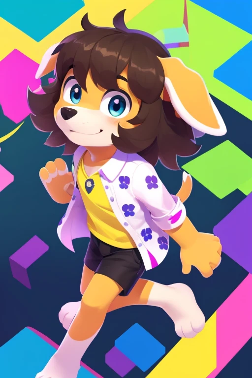 Boy, cute dog, thick hair, dog ears, tail, detailed body, open shirt, short pants, colorful background, quality High 