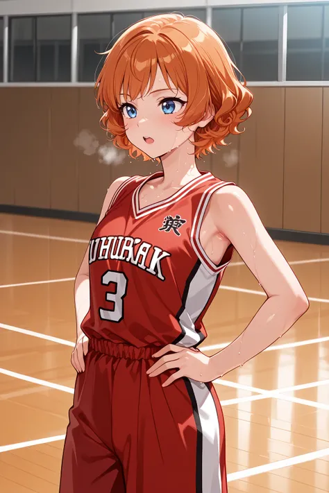 score_9,score_8_up,score_7_up BREAK melissaSDXL,1girl,blue eyes,short hair,orange hair,,curly hair,cowboy shot, gym background, basketball uniform, jersery, sportswear, jersey, shorts, sleeveless, hands on hips, red tanktop, jersey, red gym shorts, out of ...