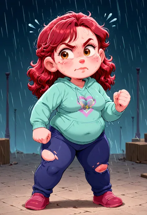 Chubby Basque girl freckled deep red wavy hair ,  in the middle of a rainstorm and meteors with fire,  with torn and torn clothes fighting a double on the edge of a precipice
