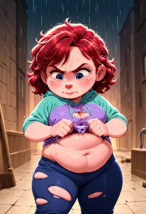 Chubby Basque girl freckled deep red wavy hair ,  in the middle of a rainstorm and meteors with fire,  with torn and torn clothes fighting a double on the edge of a precipice
