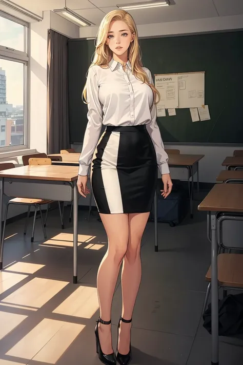 1 female, long blonde hair, large breast, wearing long sleeve white shirt, black pencil skirt((black color skirt only)), black heels, inside empty classroom, alone, fullbody shot, standing, a bit anxious, red blushing face, worried, mouth open, open mouth,...