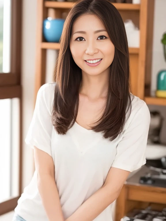 a portrait with sharp focus and crisp quality, highlighting the subject's facial features,  very detailed skin ,  perfect anatomy, (Look at me:1.8),  professional lighting,  Frontal lighting ), , , (((One person:1.5)))、 Japanese woman、40 years old、She's a ...