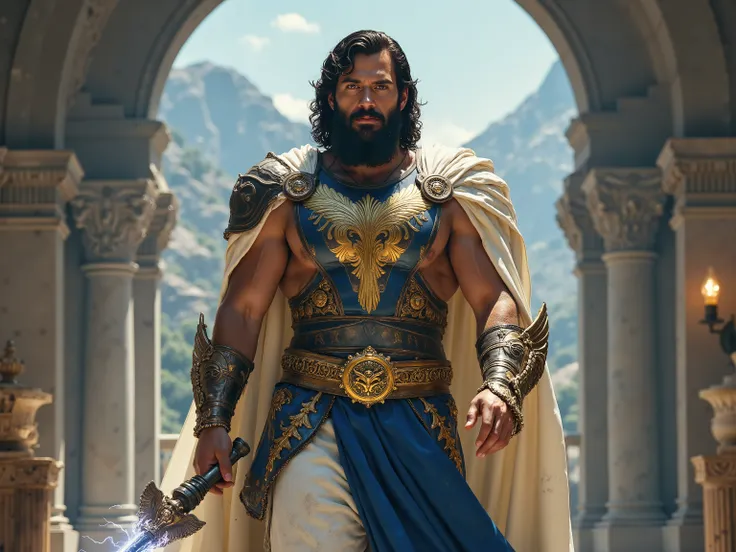 Henry Cavill reimagined as a majestic Greek god Zeus walking and holding massive lightning bolt、dramatic atmosphere, 1 male、
A towering, godlike presence with broad shoulders and a chiseled physique radiating raw power. Thick, wavy silver-streaked hair f...
