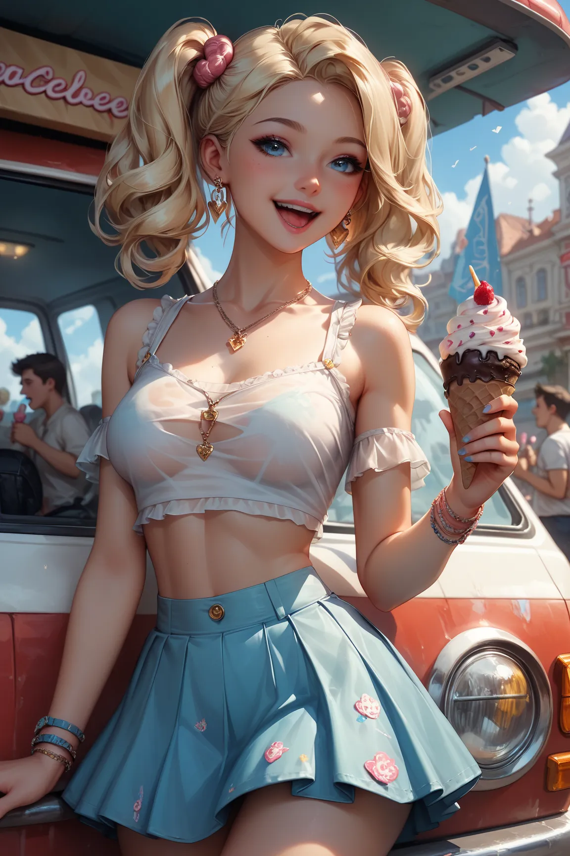  Most beautiful girl in the world, s ,   in the city, Buy ice cream at the ice cream truck , Slightly transparent white crop top, with the inscription "super sexy" , short tulle skirt, friendly girl,  ((On the hand of her little sister, s )), She is very h...