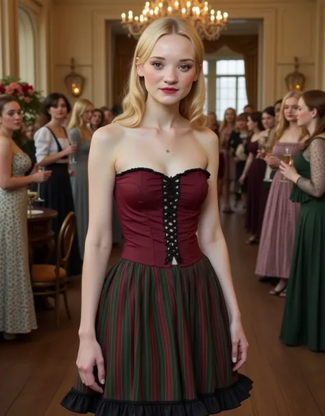 A natural and elegant photograph of a beautiful blonde woman wearing a stunning dress with a fitted bodice in burgundy and black lace-up details, paired with a full skirt in alternating stripes of burgundy and green, finished with a black hem. The dress ex...