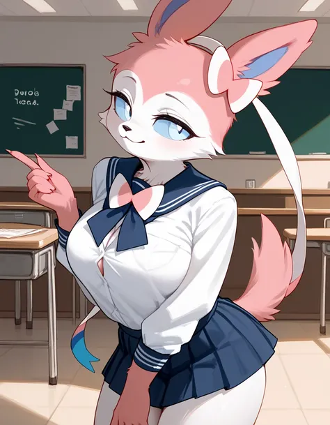 Solo, score_9,score_8_up,score_7_up,  an anthro furry female sylveon, bald, blue sclera, white eyes, indoors, smile, looking away, School uniform, sexy Schoolgirl costumes, School women's clothing and an upper skirt