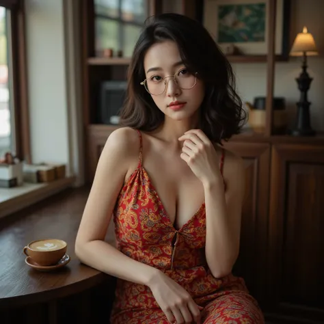 beautiful woman with big boobs, Being in a cafe, wearing batik and also glasses.