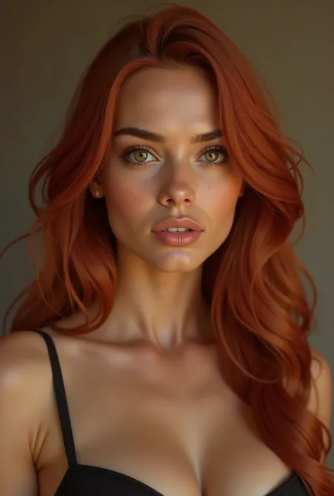 A highly detailed, realistic portrait of a 24-year-old Latina woman with long, slightly wavy red hair cascading over her shoulders and down her back. Her hair has a natural shine and soft texture, with a few loose strands framing her striking face. She has...