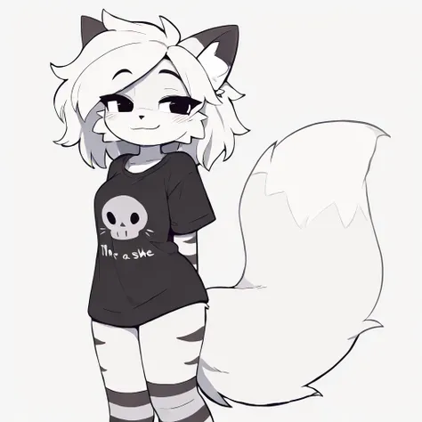 A furry fox femboy being male , With White Fluff ,  being thin and tall , wearing black and white striped socks and with a black shirt with black and white stripes on the arms with a kitten symbol on the shirt and is standing in a cute position and with a ...