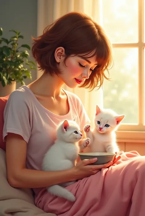 An image of a woman with short brown hair feeding two white kittens