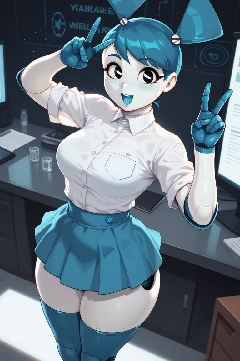 cartoon_source, 1girl, curvy, looking at viewer, detailed background, cowboy shot, v, very happy, from above, lab, wide shot, cute pose, xjo9OC, colored skin, white skin, robot joints, android, twintails, blue hair, black eyes, medium breasts, thick thighs...