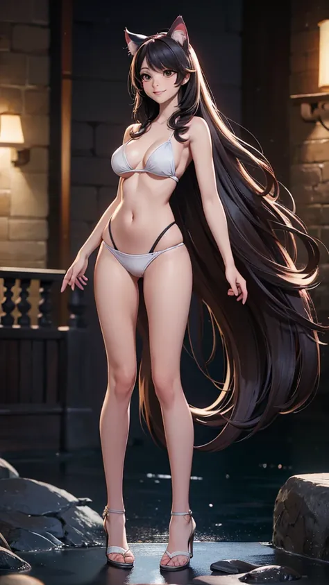 (high resolution, full body, soft skin:1.2),(best illustration,masterpiece:1.2),ultra-detailed,[(cat ears , gray inside:1.2, brown cat eyes, rainbow long hair, large breast),vivid colors,sharp focus,portrait, beach lighting,bokeh, wearing a tan bikini, wat...